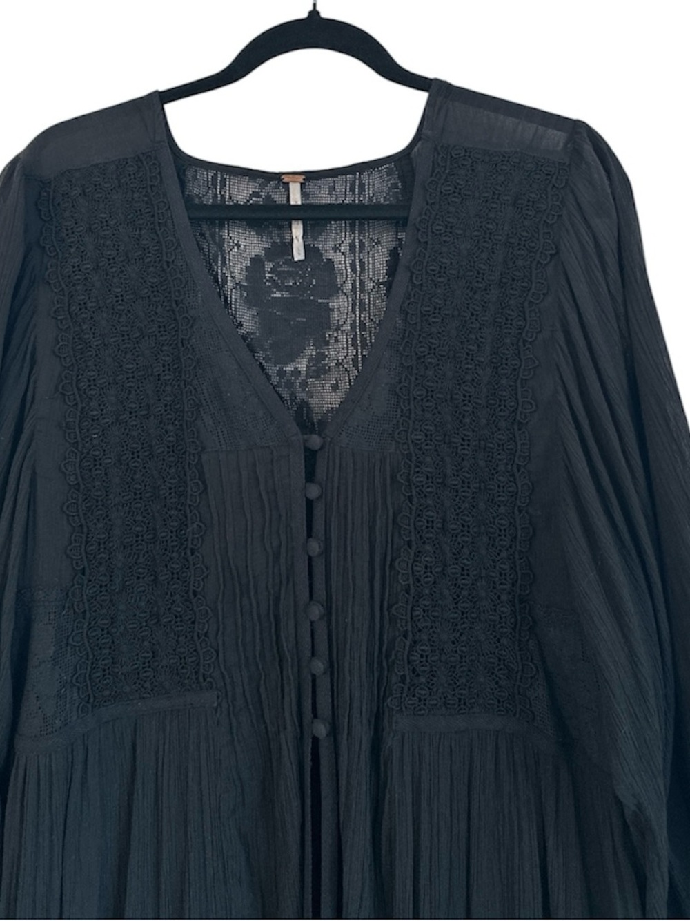 Free People | Black Crochet Lace Longline Kimono / Maxi Top | Size Large